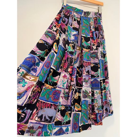 Geiger Rare Collections Pleated Midi Skirt Unique Colorful Bird Print Medium JL - Picture 3 of 7